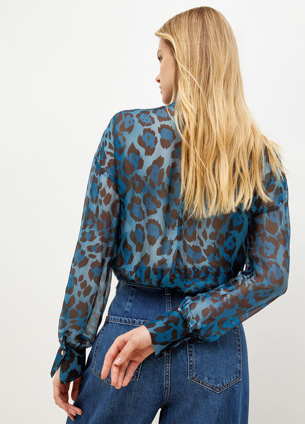 Liu Jo Animal-Print Chiffon Blouse Women's Shirts Blue | GOL-905178