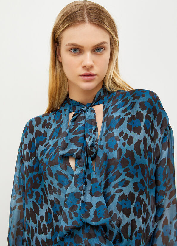 Liu Jo Animal-Print Chiffon Blouse Women's Shirts Blue | GOL-905178