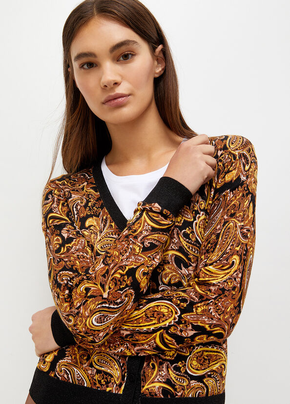 Liu Jo Cardigan With Paisley Print Women's Sweaters Black / Yellow | UWT-832504