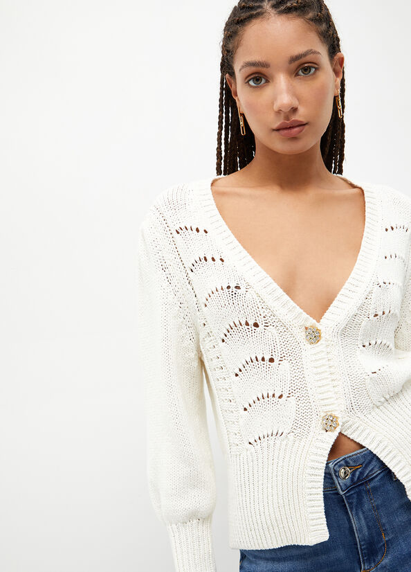 Liu Jo Cotton Crochet Cardigan Women's Sweaters White | HCT-402159