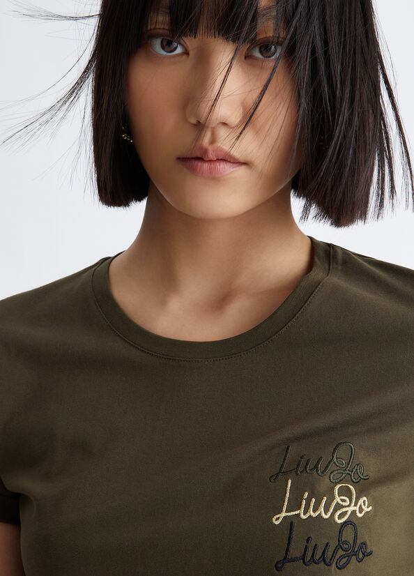 Liu Jo Cotton With Logo Women's Tops Olive | LRB-046397