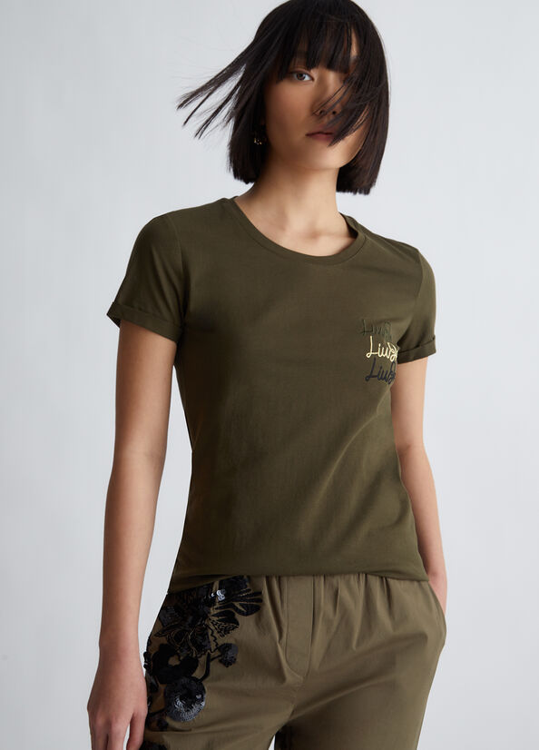 Liu Jo Cotton With Logo Women\'s Tops Olive | LRB-046397