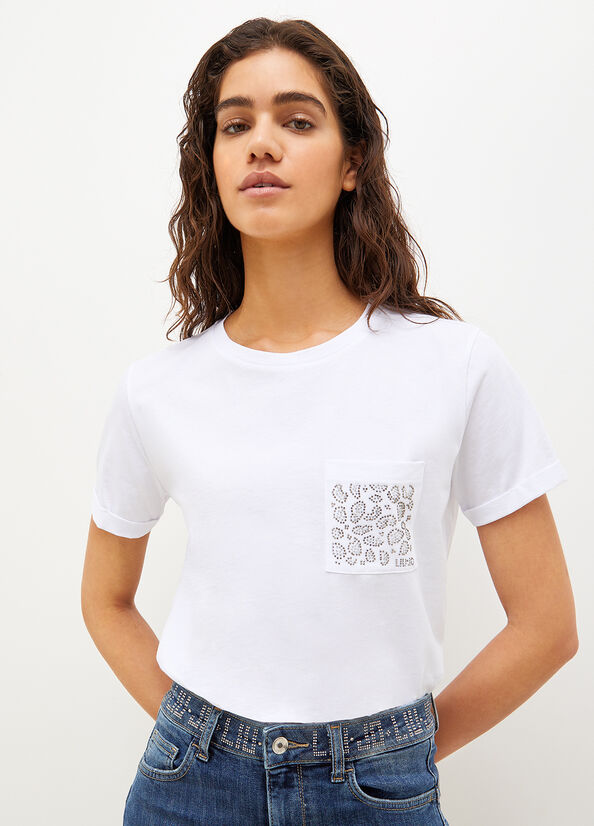 Liu Jo Cotton With Rhinestones Women's T Shirts White | KBW-058431