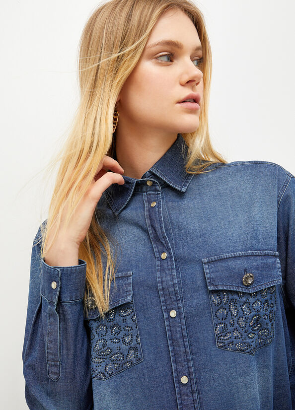 Liu Jo Denim With Gemstones Women's Shirts Blue | GEY-638721