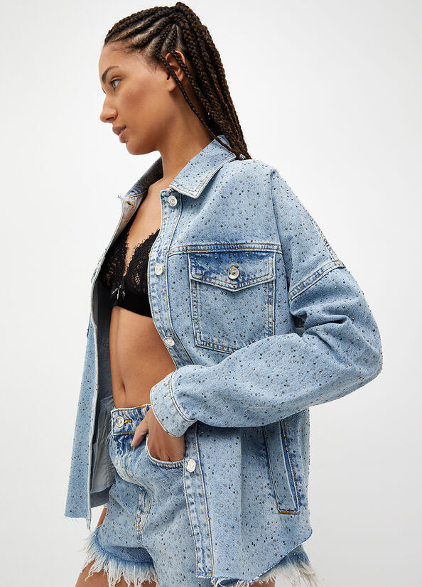 Liu Jo Denim With Rhinestones Women's Jackets Blue | UGY-095326