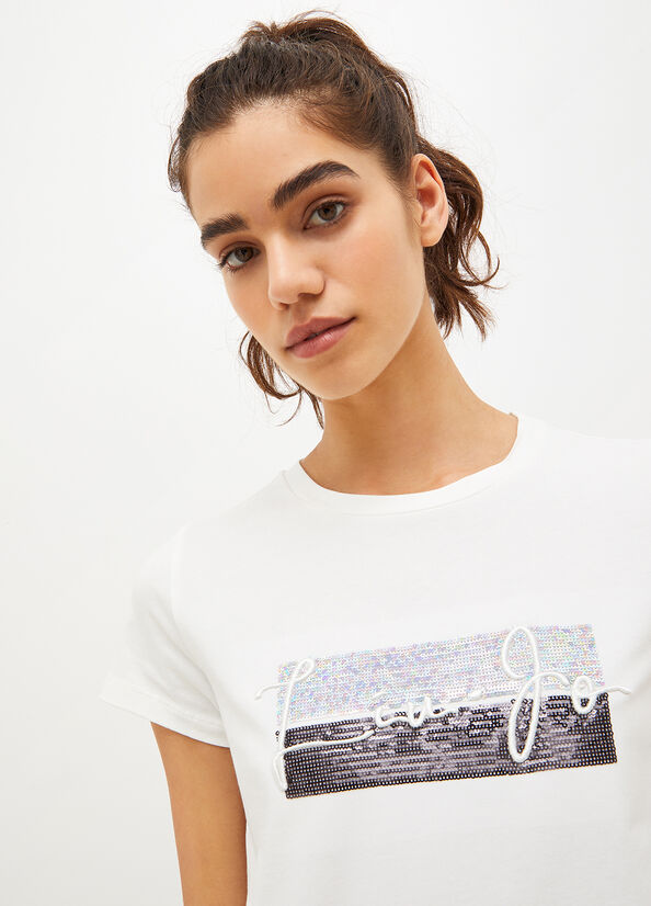 Liu Jo Eco-Friendly Sequined Women's T Shirts White | EMQ-253184