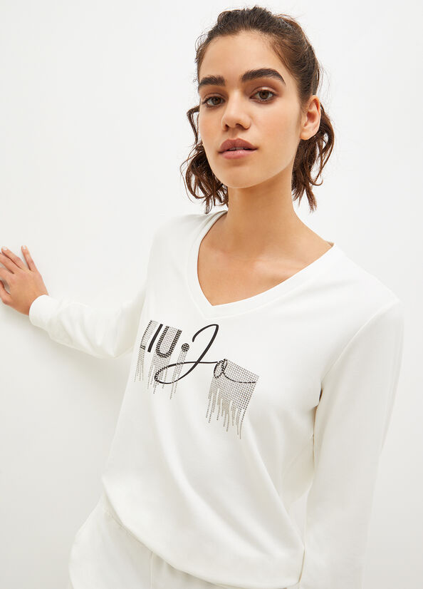 Liu Jo Eco-Friendly With Logo And Gemstones Women's Sweatshirts White | DLX-321857