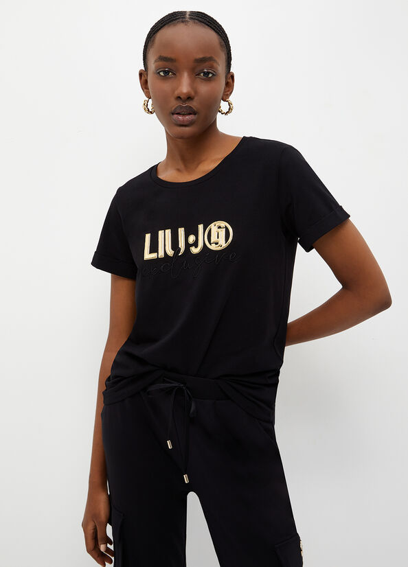 Liu Jo Eco-Friendly With Logo Women\'s T Shirts Black | QKI-764180