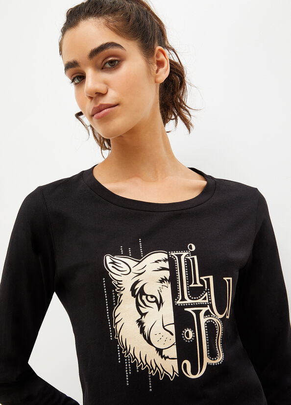 Liu Jo Eco-Friendly With Print And Gemstones Women's T Shirts Black | ONH-710836