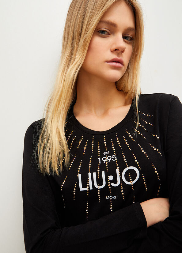 Liu Jo Eco-Friendly With Studs And Logo Women's T Shirts Black | ETQ-312968