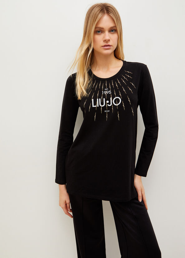 Liu Jo Eco-Friendly With Studs And Logo Women\'s T Shirts Black | ETQ-312968