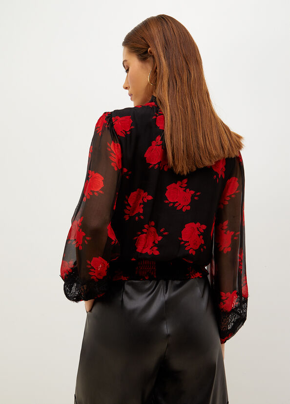 Liu Jo Floral Chiffon Blouse Women's Shirts Black / Red | RJN-059468