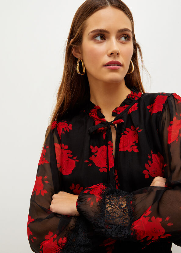 Liu Jo Floral Chiffon Blouse Women's Shirts Black / Red | RJN-059468