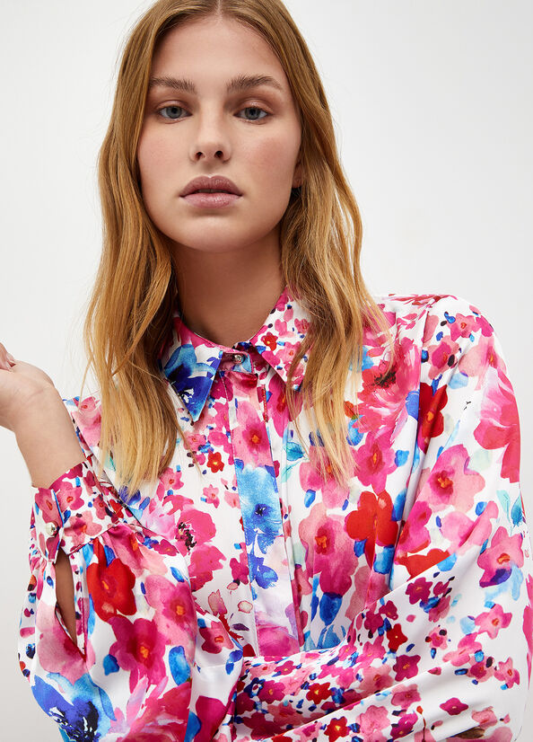 Liu Jo Floral Satin Women's Shirts Fuchsia | BHQ-539842