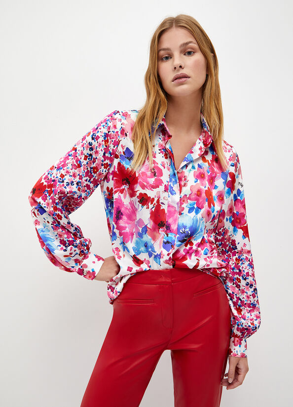 Liu Jo Floral Satin Women\'s Shirts Fuchsia | BHQ-539842