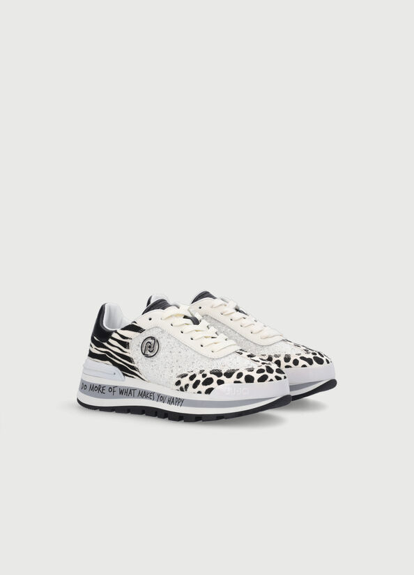 Liu Jo Glitter With Animal-Print Women's Sneakers White / Black | QKE-537068