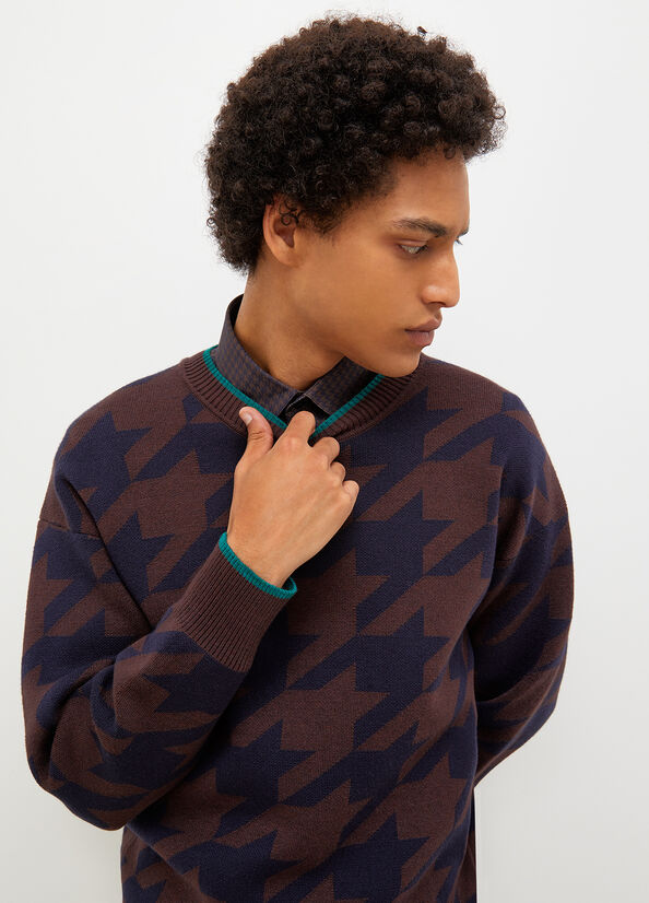 Liu Jo Houndstooth Men's Sweaters Dark Blue / Brown | FPR-095137