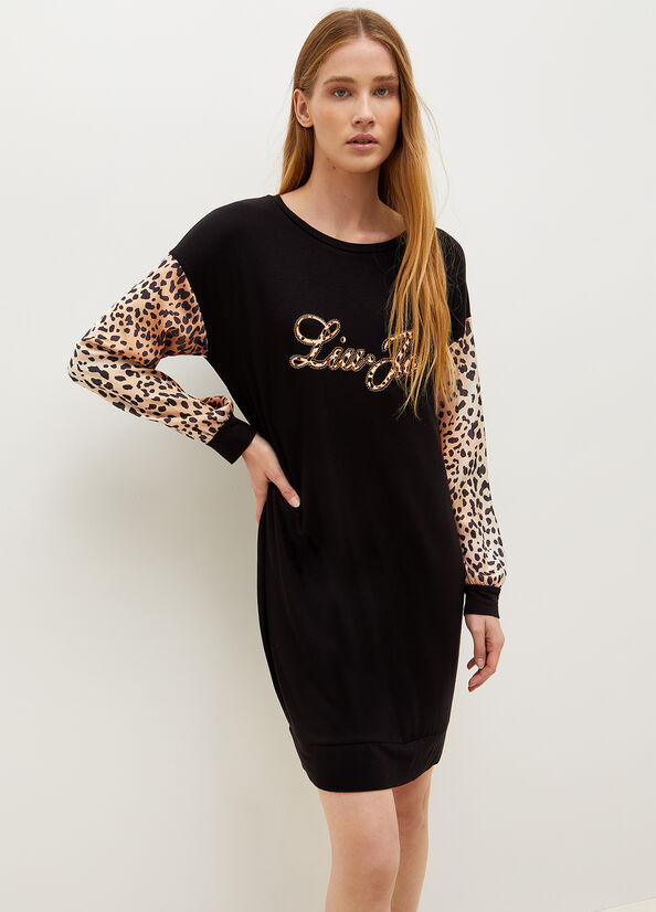 Liu Jo Jersey With Animal Print And Logo Women\'s Dress Black | HDJ-627481