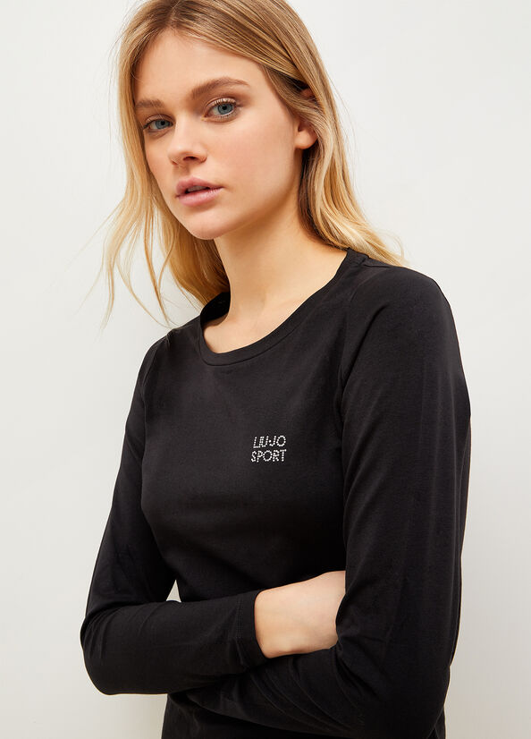 Liu Jo Jersey With Logo Women's T Shirts Black | JZP-635209