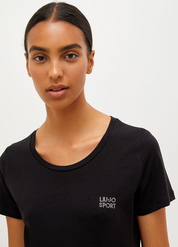 Liu Jo Jersey With Logo Women's T Shirts Black | MLI-618423