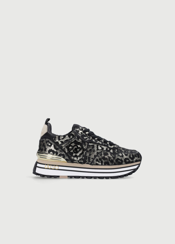 Liu Jo Laminated Animal-Print Platform Women's Sneakers Black / Gold | HOT-684037