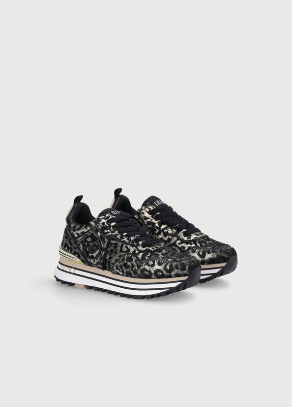 Liu Jo Laminated Animal-Print Platform Women's Sneakers Black / Gold | HOT-684037