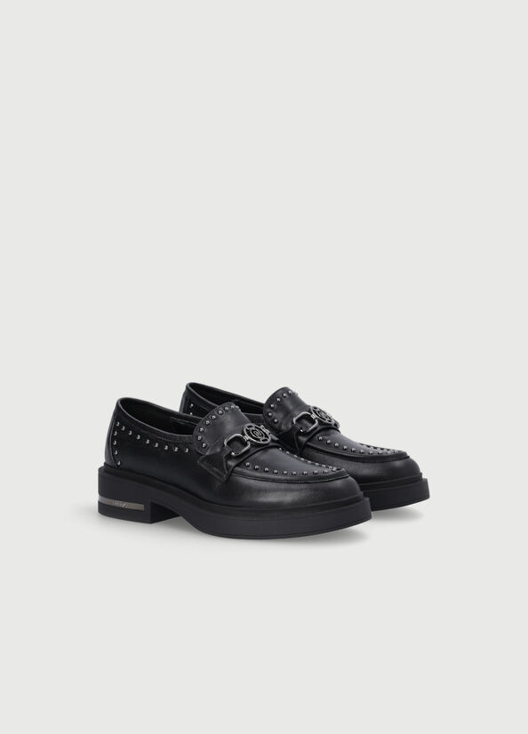 Liu Jo Leather Moccasins With Studs Women's Flat Shoes Black | YTJ-698417