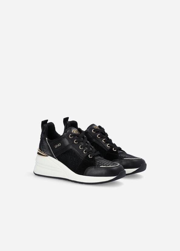 Liu Jo Leather With Wedge Women's Sneakers Black | PTI-274931