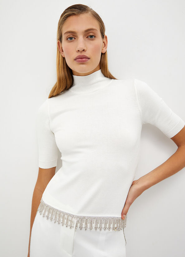 Liu Jo Mock Turtleneck With Jewel Fringes Women\'s Sweaters White | HVZ-065918