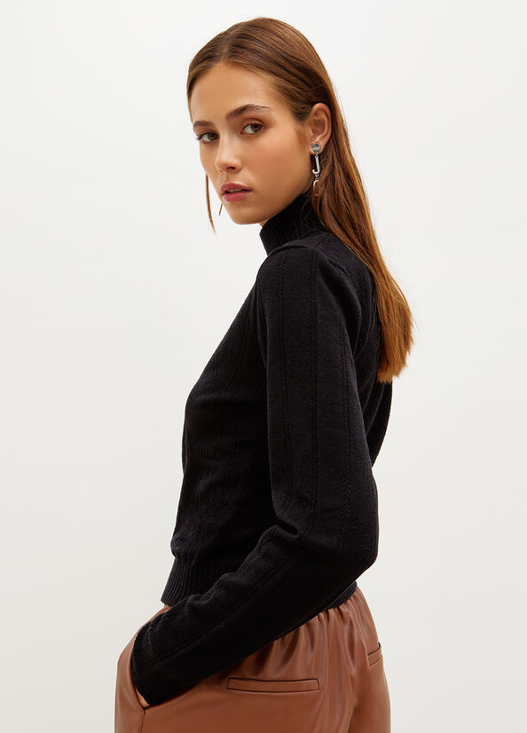 Liu Jo Mock Turtleneck With Penwork Pattern Women's Sweaters Black | ATE-416873