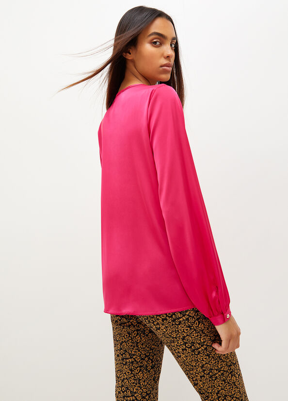 Liu Jo Satin Blouse With Jewel Logo Women's Shirts Fuchsia | QHO-908361