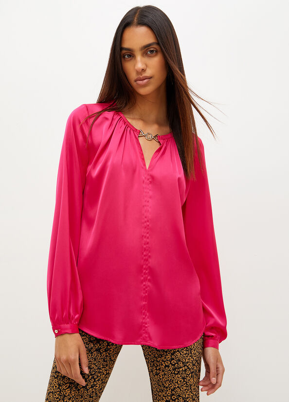 Liu Jo Satin Blouse With Jewel Logo Women\'s Shirts Fuchsia | QHO-908361