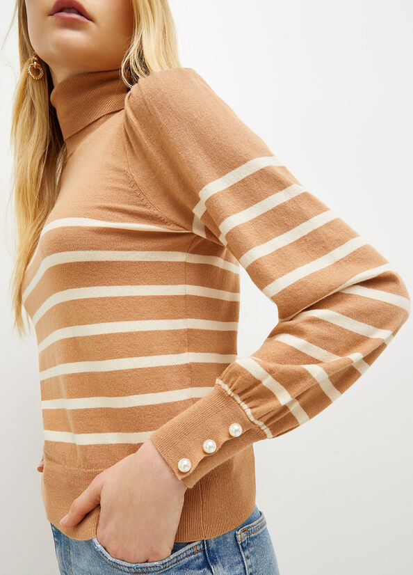 Liu Jo Striped Turtleneck With Beads Women's Sweaters Beige | SGW-357820