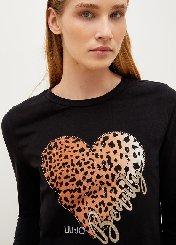 Liu Jo With Animal-Print Heart Women's T Shirts Black | GXB-476932