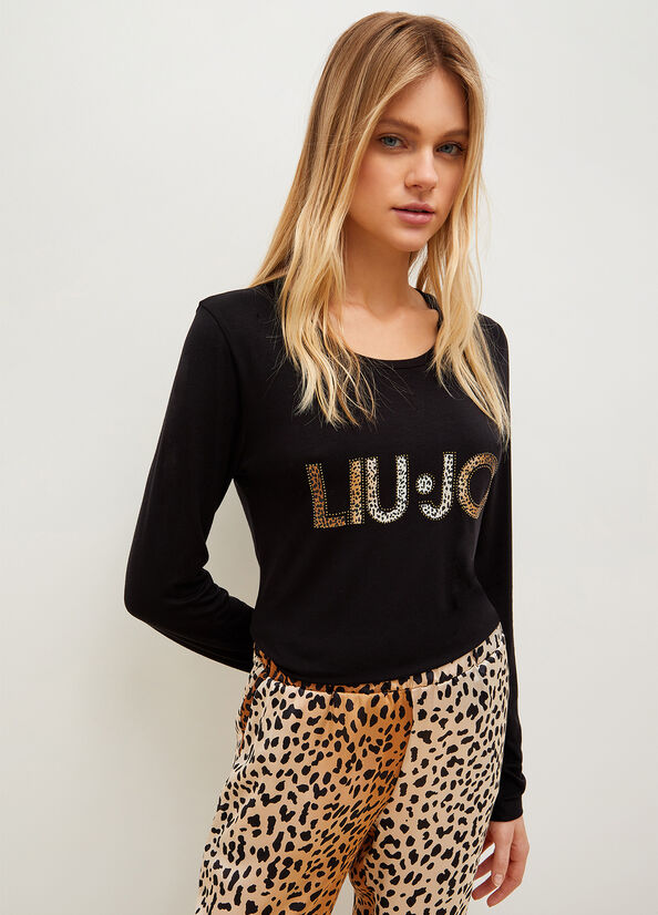 Liu Jo With Animal-Print Logo Women\'s T Shirts Black | LIR-701985