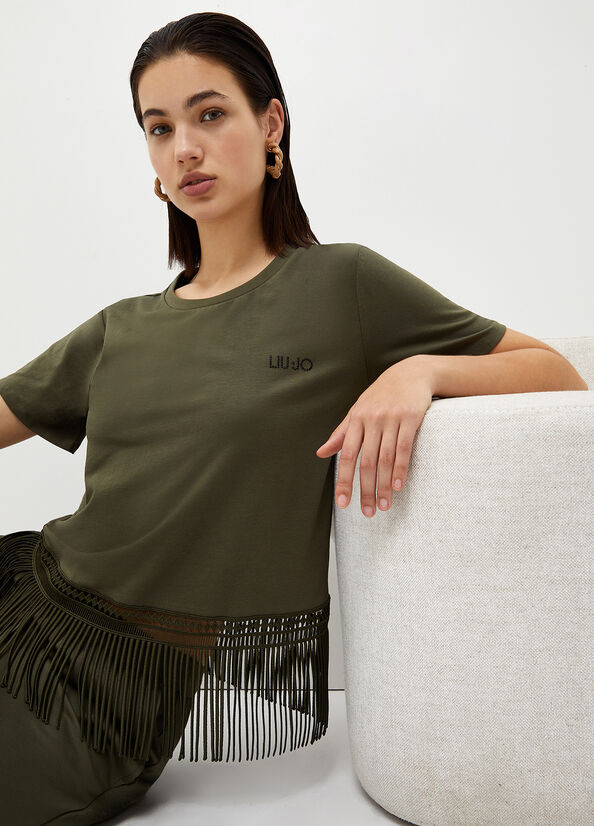 Liu Jo With Fringes Women's T Shirts Olive | WEK-419280