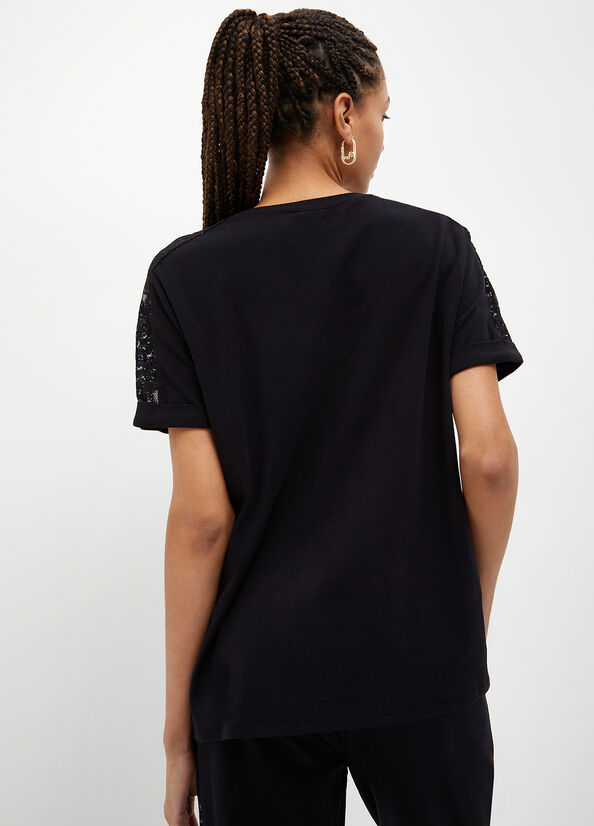 Liu Jo With Lace Details Women's T Shirts Black | GNH-051493