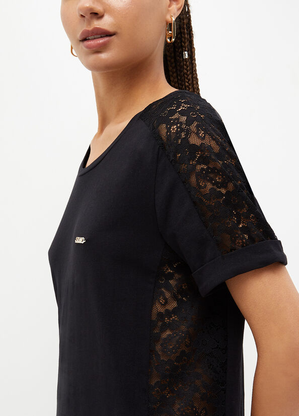 Liu Jo With Lace Details Women's T Shirts Black | GNH-051493