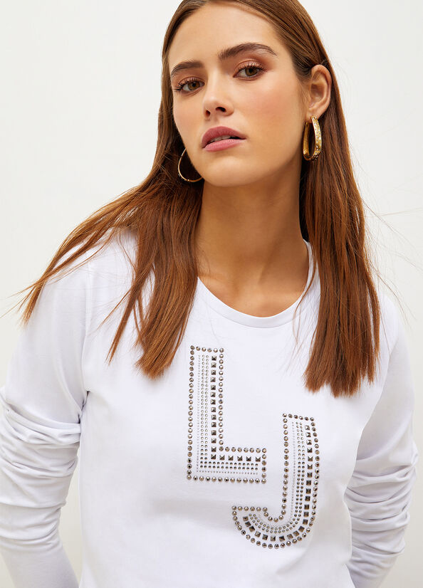 Liu Jo With Logo And Gemstones Women's T Shirts White | AQJ-516239