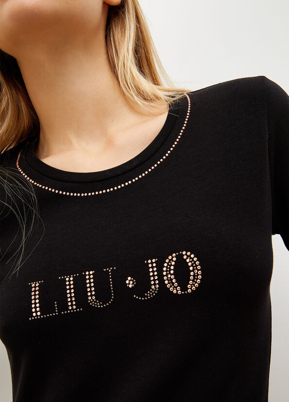 Liu Jo With Logo And Gemstones Women's T Shirts Black | AUX-628904