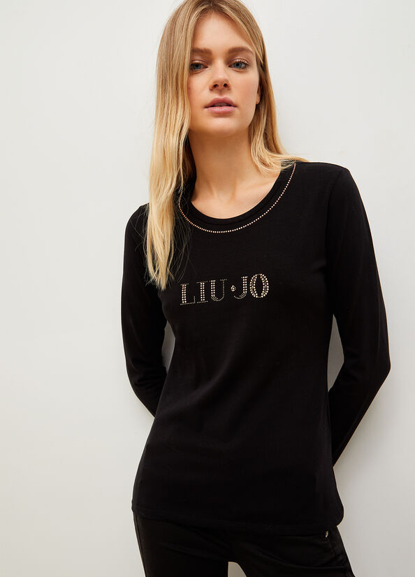 Liu Jo With Logo And Gemstones Women\'s T Shirts Black | AUX-628904