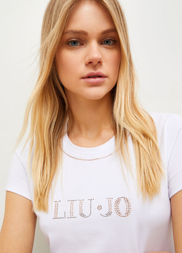 Liu Jo With Logo And Gemstones Women's T Shirts White | GCZ-124308