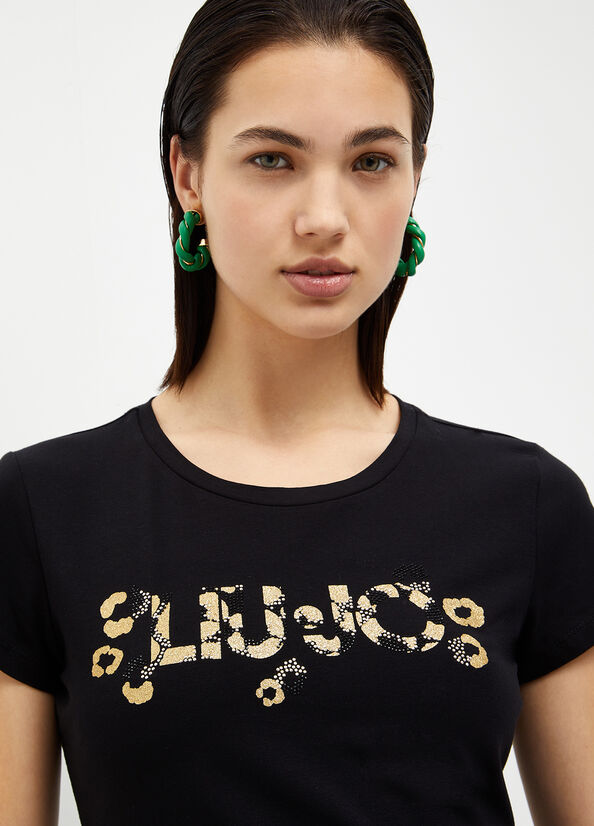 Liu Jo With Logo And Gemstones Women's T Shirts Black | LDY-504829