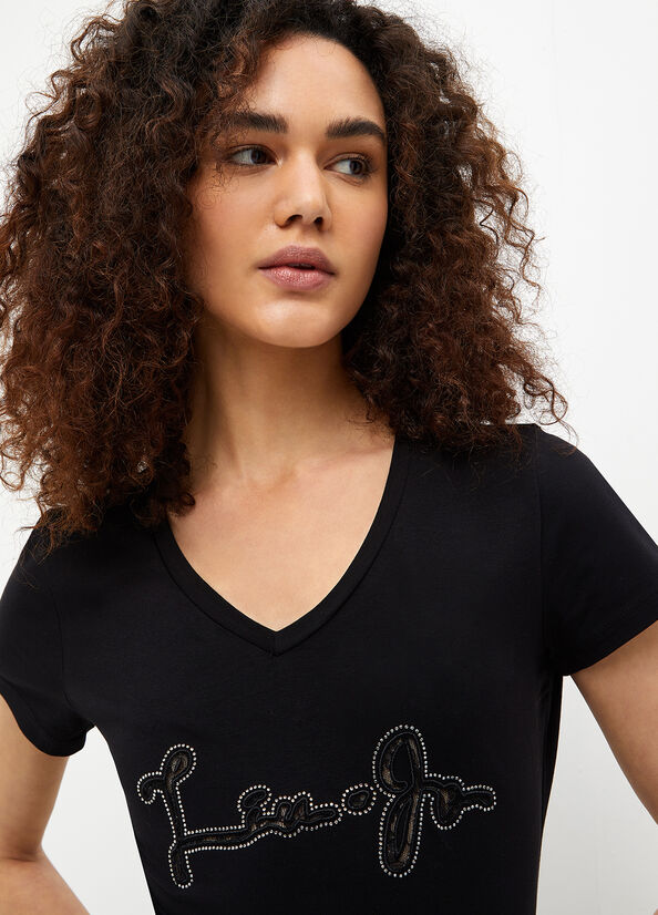 Liu Jo With Logo And Gemstones Women's T Shirts Black | RGT-176095