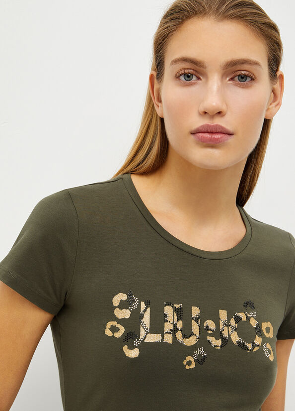 Liu Jo With Logo And Gemstones Women's T Shirts Olive | RJA-809145