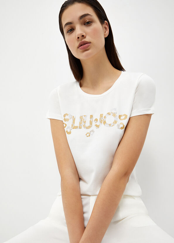 Liu Jo With Logo And Gemstones Women's T Shirts White | ZBC-807693