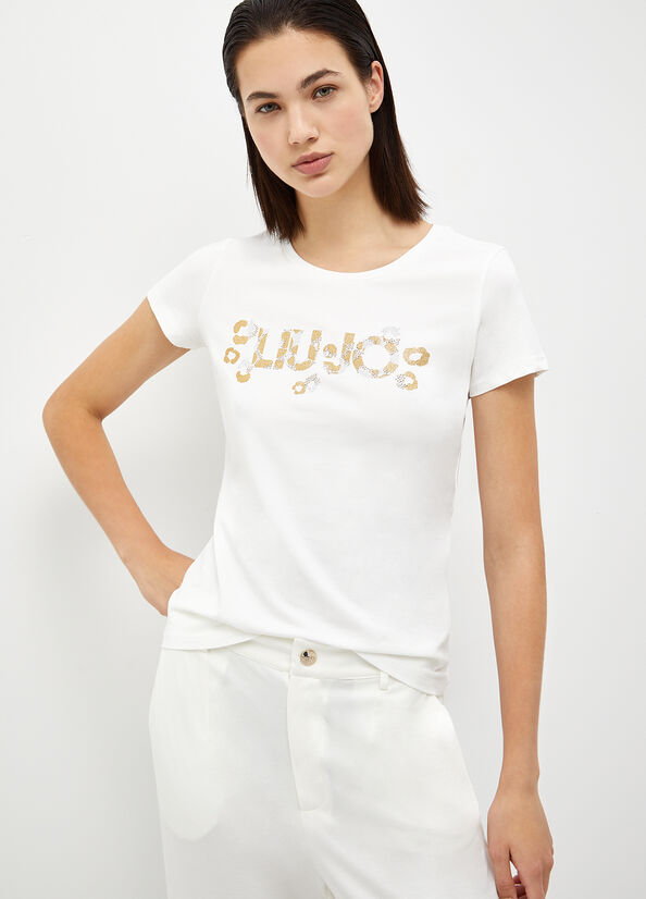 Liu Jo With Logo And Gemstones Women\'s T Shirts White | ZBC-807693