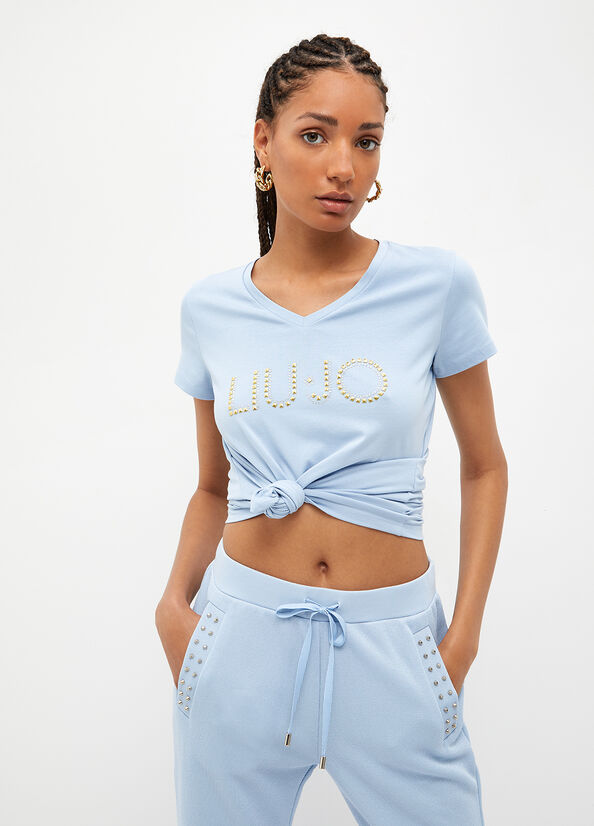 Liu Jo With Logo And Studs Women\'s Tops Light Blue | CHQ-890643