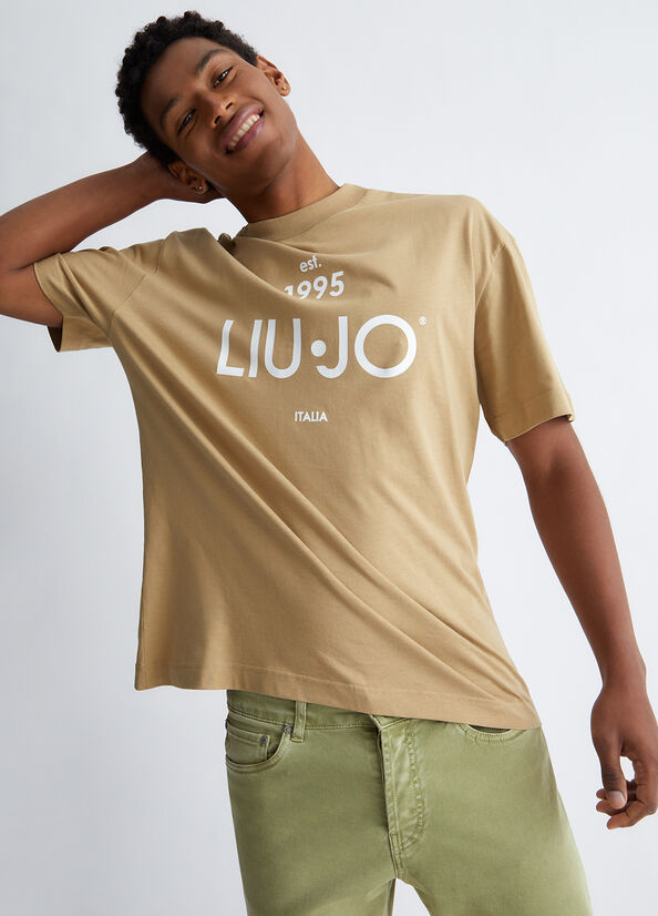 Liu Jo With Logo Men\'s T Shirts Beige | HUO-689725