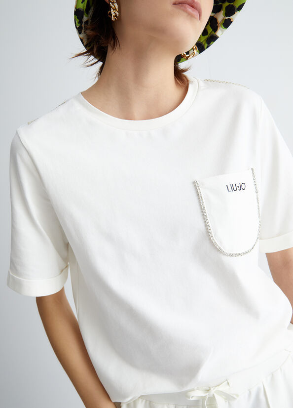 Liu Jo With Pocket And Rhinestones Women's T Shirts White | PNV-748529